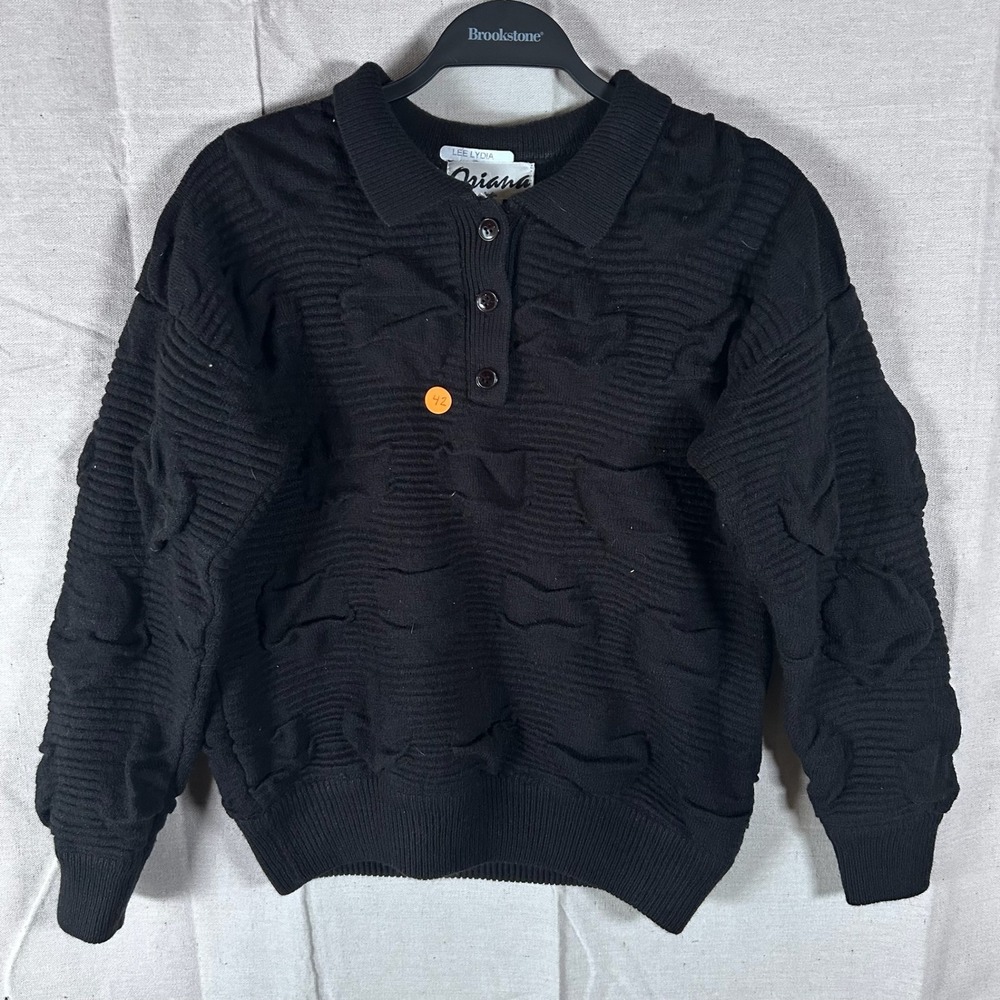 Oriana Italia Vintage Black Textured Knit Polo Sweater Small Acrylic Long Sleeve